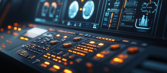 Futuristic control panel with glowing buttons and digital displays. (1)