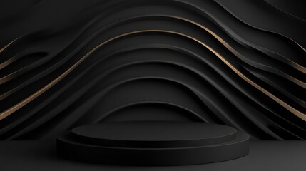 Wall Mural - 3d abstract studio room with pedestal podium. black geometric platform with black and golden layers 