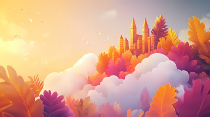 Wall Mural - A stunning castle emerges from vibrant foliage, basking in the golden light of dawn, evoking a sense of magic and wonder in a serene landscape. Whimsical Cloud Castle. Illustration