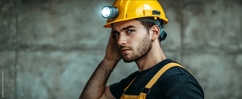 Flashlight Using Contuction Worker Photograph of a construction worker wearing a yellow helmet with a ...