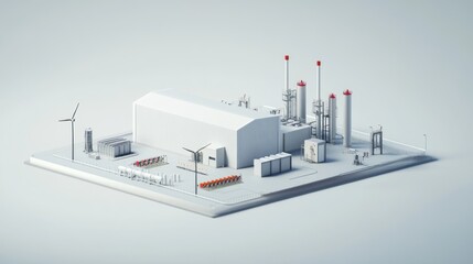 Sticker - Isometric view of a clean energy power plant with wind turbines, storage units, and processing equipment.