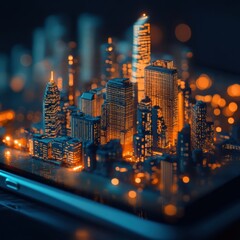 Leinwandbilder - Tiny cityscape emerges from glowing smartphone screen, showcasing digital innovation in miniature architecture. Generative AI