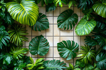 Wall Mural - Lush Greenery Background with Tropical Leaves Arranged on a Tiled Surface