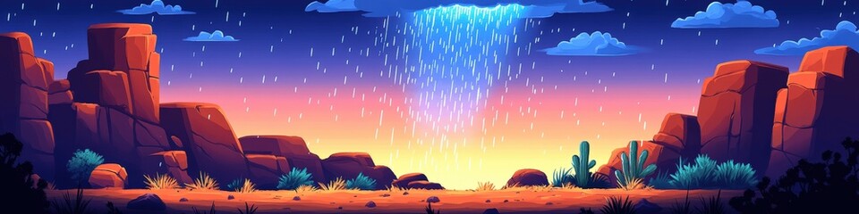 Poster - Stunning Animated Desert Landscape at Sunset with Vibrant Sky, Rocky Formations, Cacti, and Stars - Captivating Illustration for Nature and Adventure Enthusiasts