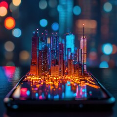Fototapete - Tiny cityscape rises from a smartphone screen glowing brightly at night. Generative AI