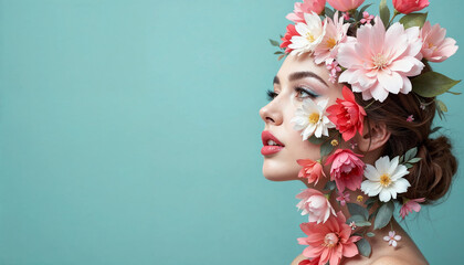 Wall Mural - Woman adorned with flowers in vibrant colors against a pastel blue background during a creative portrait session