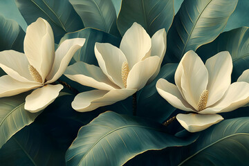 Wall Mural - Elegant Creamy White Magnolia Blossoms with Lush Teal Green Leaves