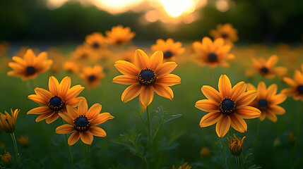 Canvas Print - Golden Yellow Flowers in a Field at Sunset