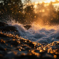 Fototapete - scene with splashing water and rocks, with a warm, golden glow illuminating the scene during sunset.