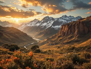 Fototapete - breathtaking landscape with rugged mountains covered in snow, a winding river, and a vibrant sky with colorful clouds. The scene is illuminated by the warm glow of a setting or rising sun, casting a g