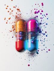 Aufkleber - Colorful particles burst from a split capsule revealing blue and pink contents with vibrant effects. Generative AI