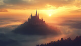 Fog-covered castle on a misty hill perfect for fantasy and historical wallpapers with an eerie touch. Fantasy Castle Sunrise. Illustration