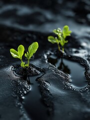 Leinwandbilder - Small green plants emerge through spilled black oil in an unexpected display of resilience and natures tenacity. Generative AI