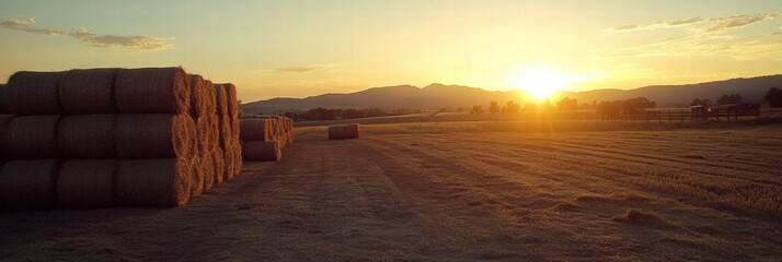 Poster - Beautiful sunset over a field with hay bales in the countryside during golden hour. Generative AI