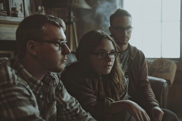 Wall Mural - Group of young people sitting in a cafe, talking and drinking coffee