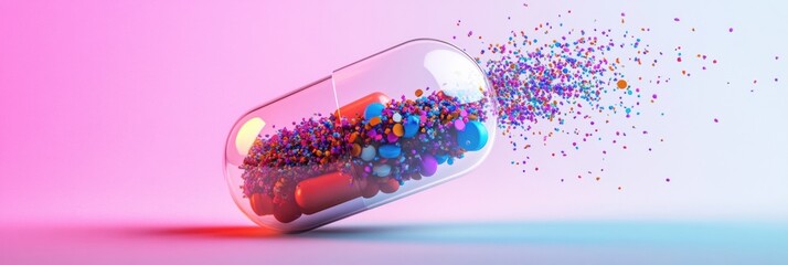 Aufkleber - Colorful particles spill from a split capsule in a vibrant scene. Generative AI