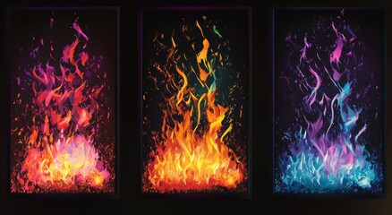 Wall Mural - A full view of fire set against a black backdrop, complete with detailed flames texture inlays, perfect for adding a shiny, glittery effect in PNG format.