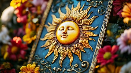 Wall Mural - Golden sun plaque among vibrant flowers.