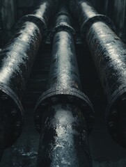 Poster - Large industrial pipes releasing black oil in a dark environment near a refinery at dusk. Generative AI