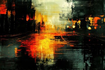 Wall Mural - The street appears out of focus, with a crimson line weaving through, formed by water and flames, hinting at a scene of turmoil and destruction.