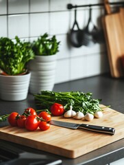 Poster - Fresh ingredients on a wooden cutting board in a modern kitchen with plants and utensils in the background. Generative AI