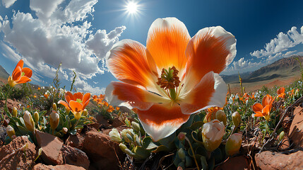 vibrant orange flower blooms in desert landscape under bright sun, surrounded by colorful blossoms and dramatic clouds