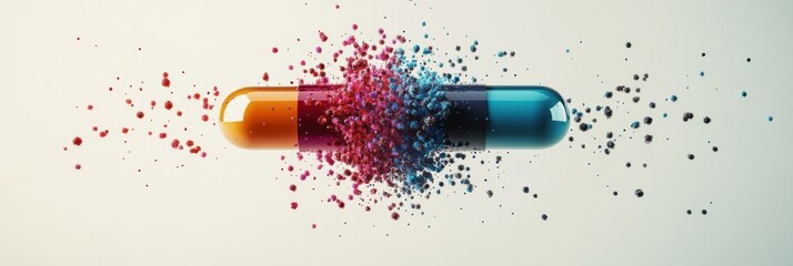 Aufkleber - Colorful particles burst from a split capsule in an artistic display of science and creativity. Generative AI