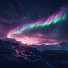 Poster - Stunning Northern Lights Over Snowy Mountain Landscape at Night with Colorful Aurora Borealis Display in Arctic Wilderness under Starry Sky and Magical Atmosphere