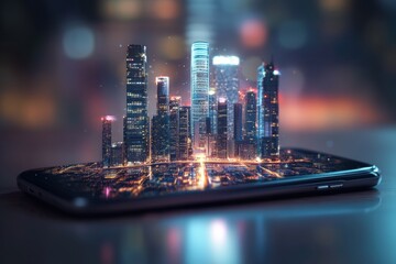 Leinwandbilder - Glowing smartphone screen reveals a miniature cityscape at night with illuminated buildings and a futuristic vibe. Generative AI