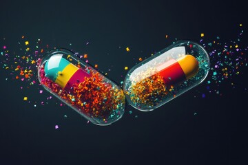 Aufkleber - Colorful particles bursting from a split capsule highlighting vibrant textures and dynamic motion in a dark setting. Generative AI