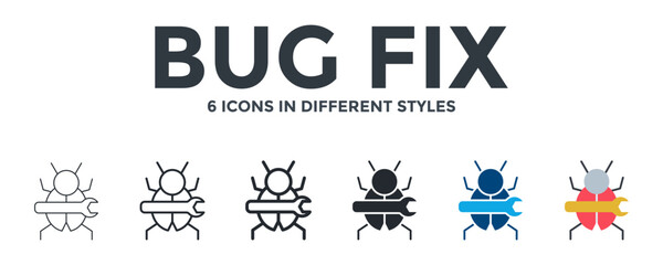 Bug Fix Icon In Different Style Vector Illustration. Designed In Thin Line, Regular Line, Bold Line, Glyph, Color Fill, And Flat Style Can Be Used For Web