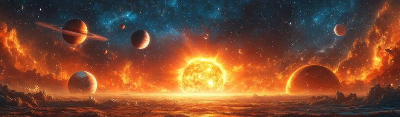 Wall Mural - Vibrant Cosmic Landscape of the Solar System with Surrealism Art, Featuring the Sun and Planets in a Dramatic Universe
