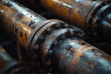 Fototapete - Industrial pipes with black oil dripping in a manufacturing facility during late afternoon hours. Generative AI