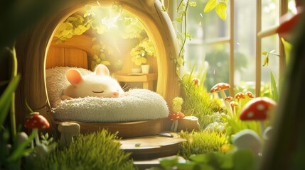 Poster - Cute small white mouse sleeping in a cozy nook surrounded by greenery and mushrooms in a sunny garden. Generative AI