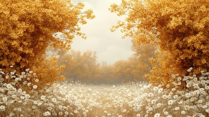 Canvas Print - Golden autumn forest path with white daisies and soft morning mist