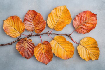 Poster - Autumn branch, colorful leaves, grey background, flat lay, seasonal decor