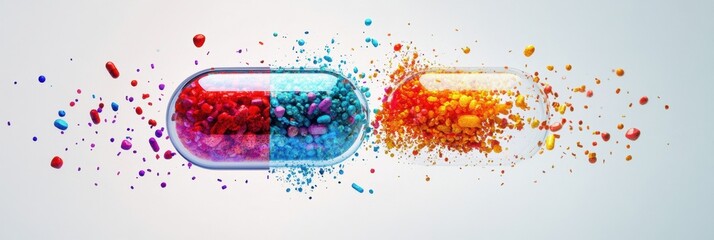 Aufkleber - Colorful particles flow from a split capsule highlighting vibrant elements of health and wellness. Generative AI
