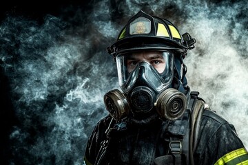 a firefighter donning a smoke mask and helmet in front of a dark background