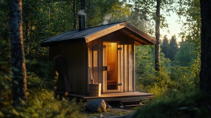 Poster - Traditional wooden sauna nestled among lush trees in a tranquil forest setting during golden hour. Generative AI