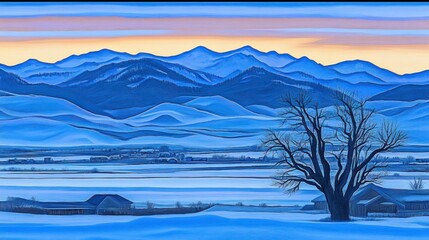 Wall Mural - serene winter landscape painting of snow-covered mountains, valley, and lone tree at sunrise.
