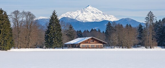 Wall Mural - snowy landscape with a house and majestic mountains in the background.