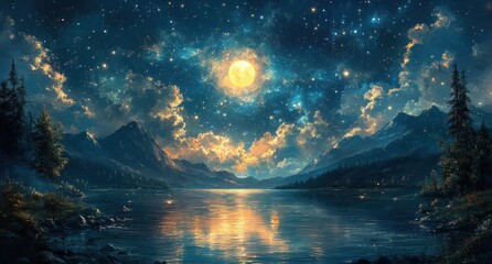 Wall Mural - Starlit Night Sky with Milky Way Panorama in Impressionist Style