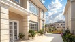 © farhan - A grand modern-classic home with light beige walls, white-framed windows, and smooth stone columns