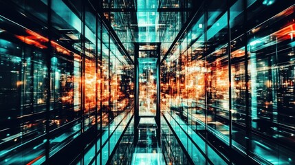 Abstract digital corridor with glowing lights and reflections, depicting data center or network infrastructure.
