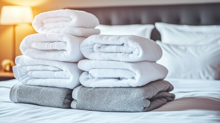 Wall Mural - Two stacks of neatly folded white and gray towels on a bed.