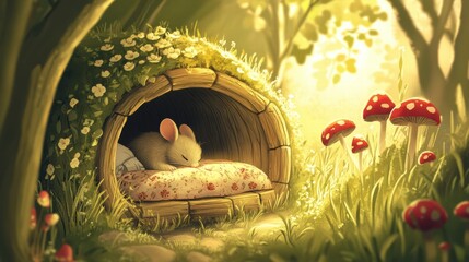 Poster - Cozy mouse resting peacefully in a woodland home surrounded by flowers and mushrooms during a sunny afternoon. Generative AI