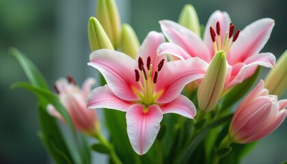 Wall Mural - A stunning bouquet of pink lilies showcases their vibrant petals and lush green leaves, creating a serene and uplifting atmosphere. The image captures the beauty of nature, highlighting the intricate