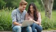 © natakot - A cheerful young couple, a man and a woman, sit closely on a grassy patch, engaged in a light-hearted moment as they explore a laptop. Their smiles radiate joy and connection, highlighting the warmth