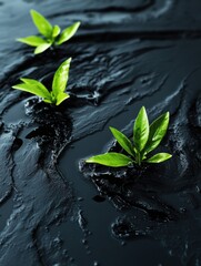 Aufkleber - Small green plants emerge through a thick layer of spilled black oil under natural light. Generative AI