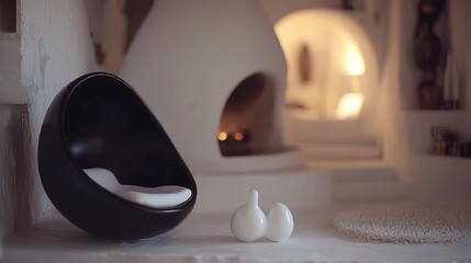 Wall Mural - Black egg chair and white sculpture near fireplace in white room.